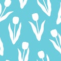 Seamless pattern tulips flowers white silhouettes blue background vector illustration Royalty Free Stock Photo